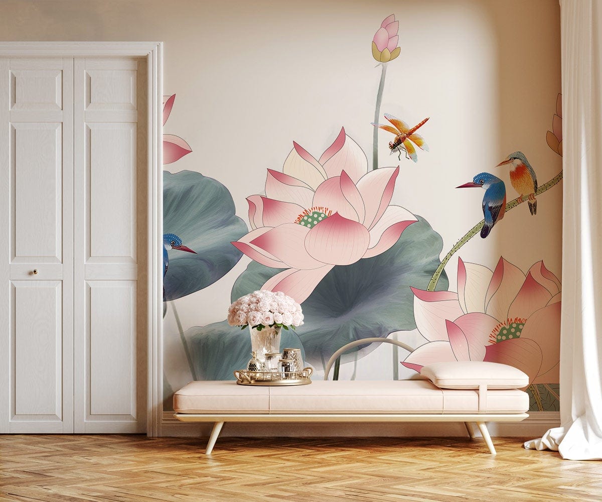 Elegant Lotus and Kingfisher mural; pink sofa; wooden floor; white wall; contemporary living room.