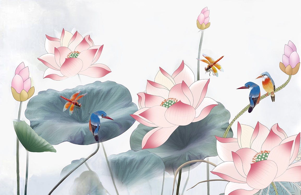 Elegant Lotus and Kingfisher Watercolour Mural - Pink and Green Harmony