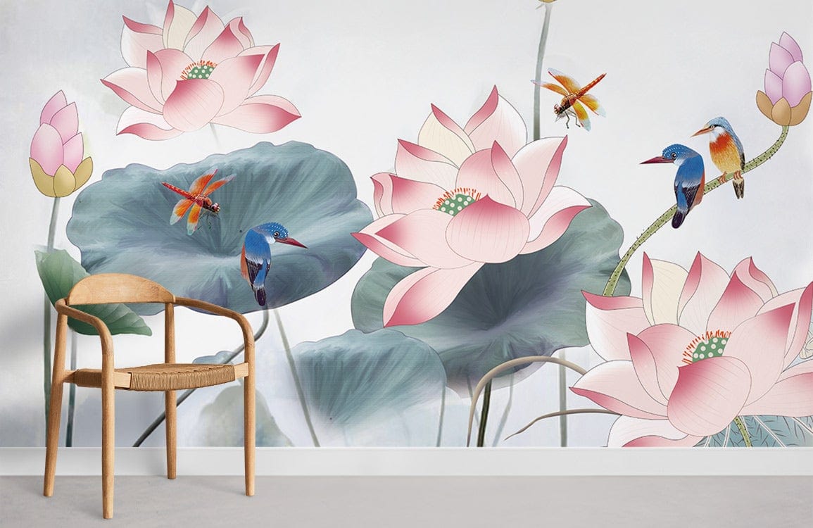 Elegant Lotus and Kingfisher Watercolour Mural in pastel room featuring minimalist wooden chair, grey flooring.
