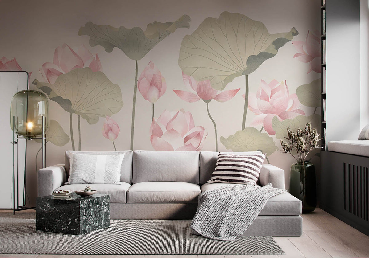 Elegant pastel lotus mural wallpaper with grey sofa, marble coffee table, in modern living room.