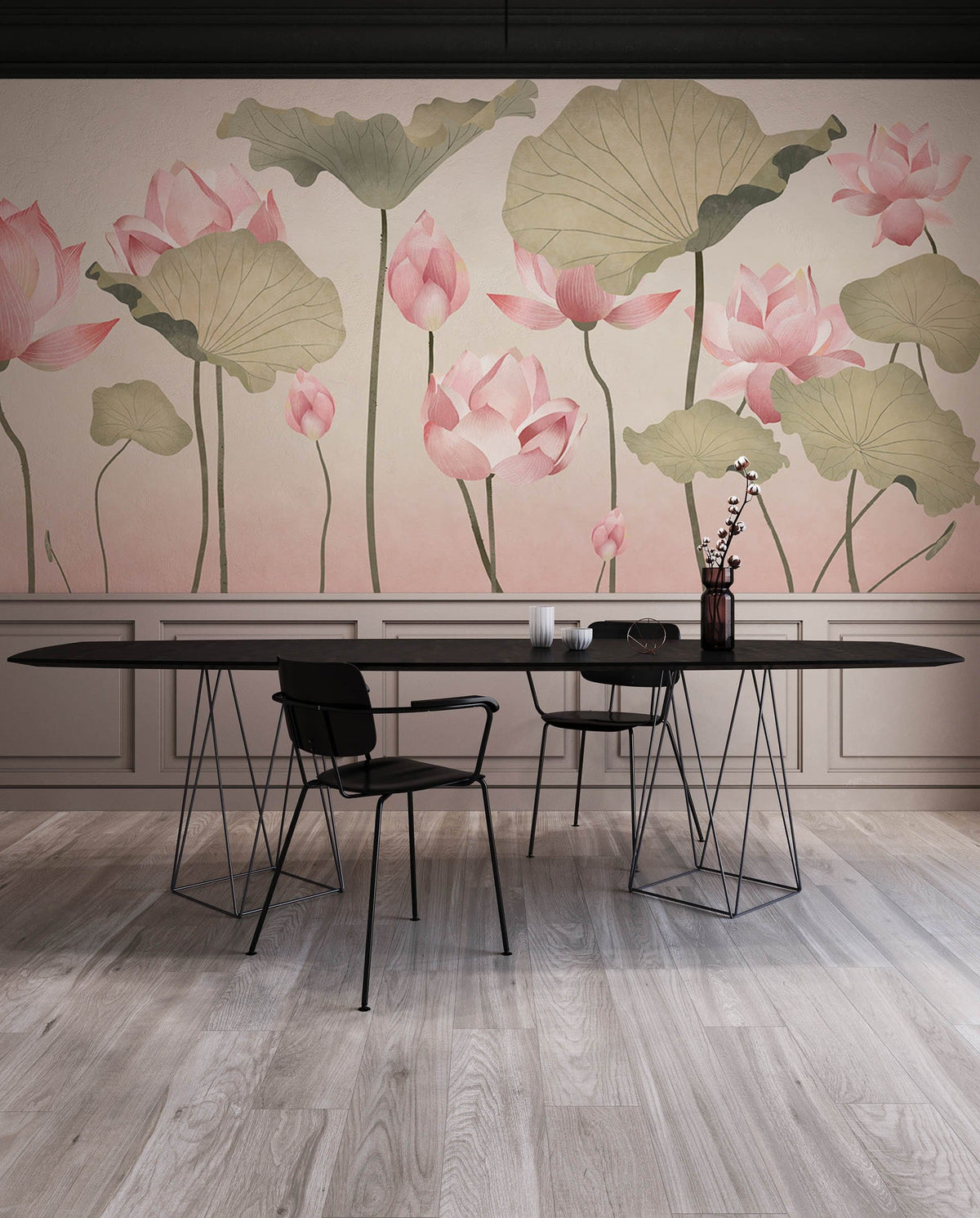 Elegant Pastel Lotus Blossom Mural Wallpaper with serene floral design in modern dining room, wooden flooring.
