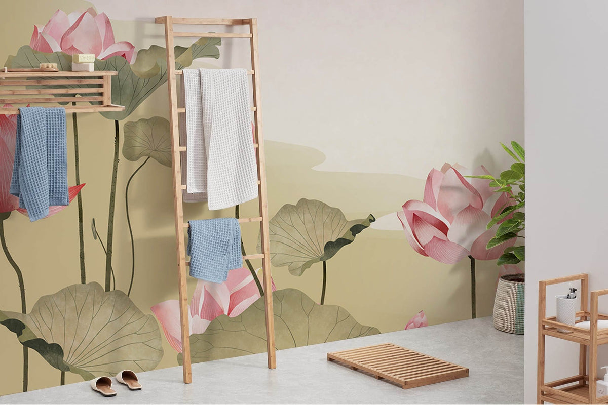 Elegant Pink Lotus wallpaper with bamboo towel rack and light flooring in a stylish bathroom.