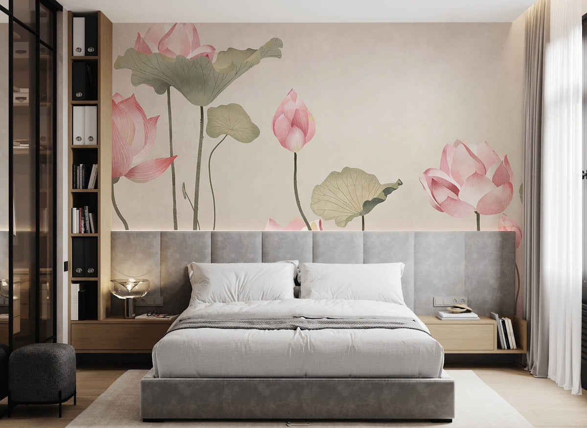 Elegant Pink Lotus Mural Wallpaper in modern bedroom with grey upholstered bed, wooden flooring, neutral decor.