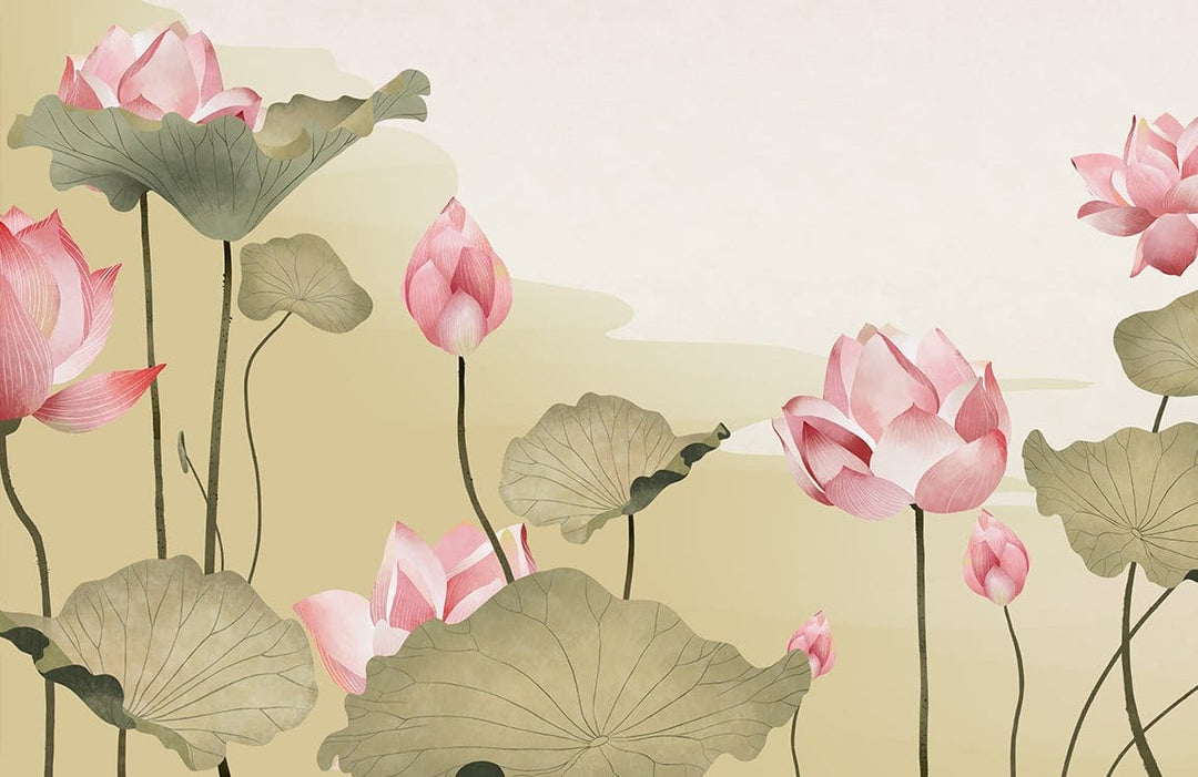 Elegant Pink Lotus Green Foliage Watercolour Floral Mural Wallpaper Design