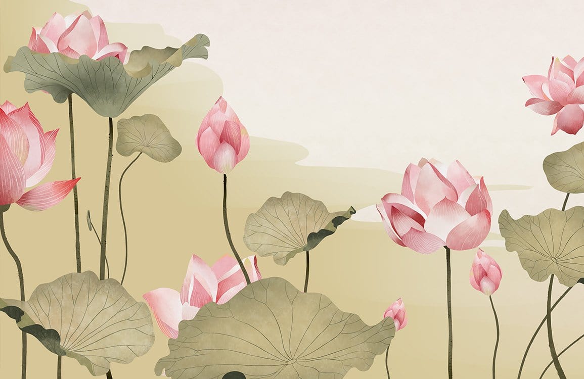 Elegant Pink Lotus Green Foliage Watercolour Floral Mural Wallpaper Design