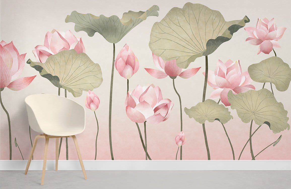 Elegant pastel lotus blossom mural wallpaper, serene floral design with modern white chair, grey flooring.