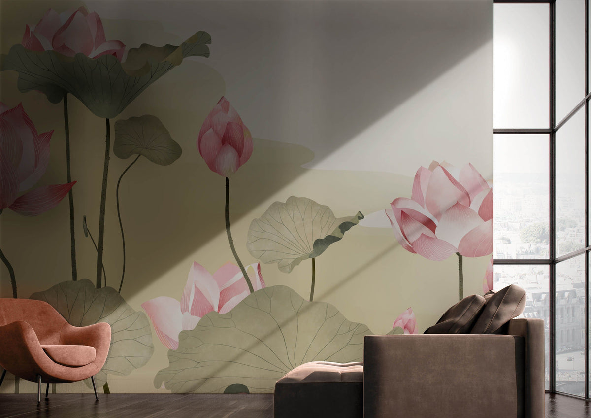 Elegant pink lotus wallpaper in modern living room with brown and grey sofas, wooden flooring.