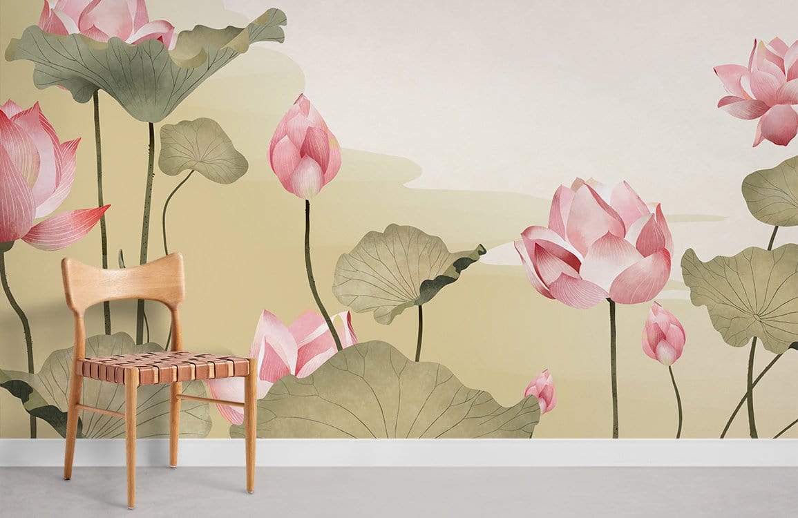 Elegant pink lotus watercolour floral mural wallpaper, wooden chair, contemporary living room setting, light flooring.