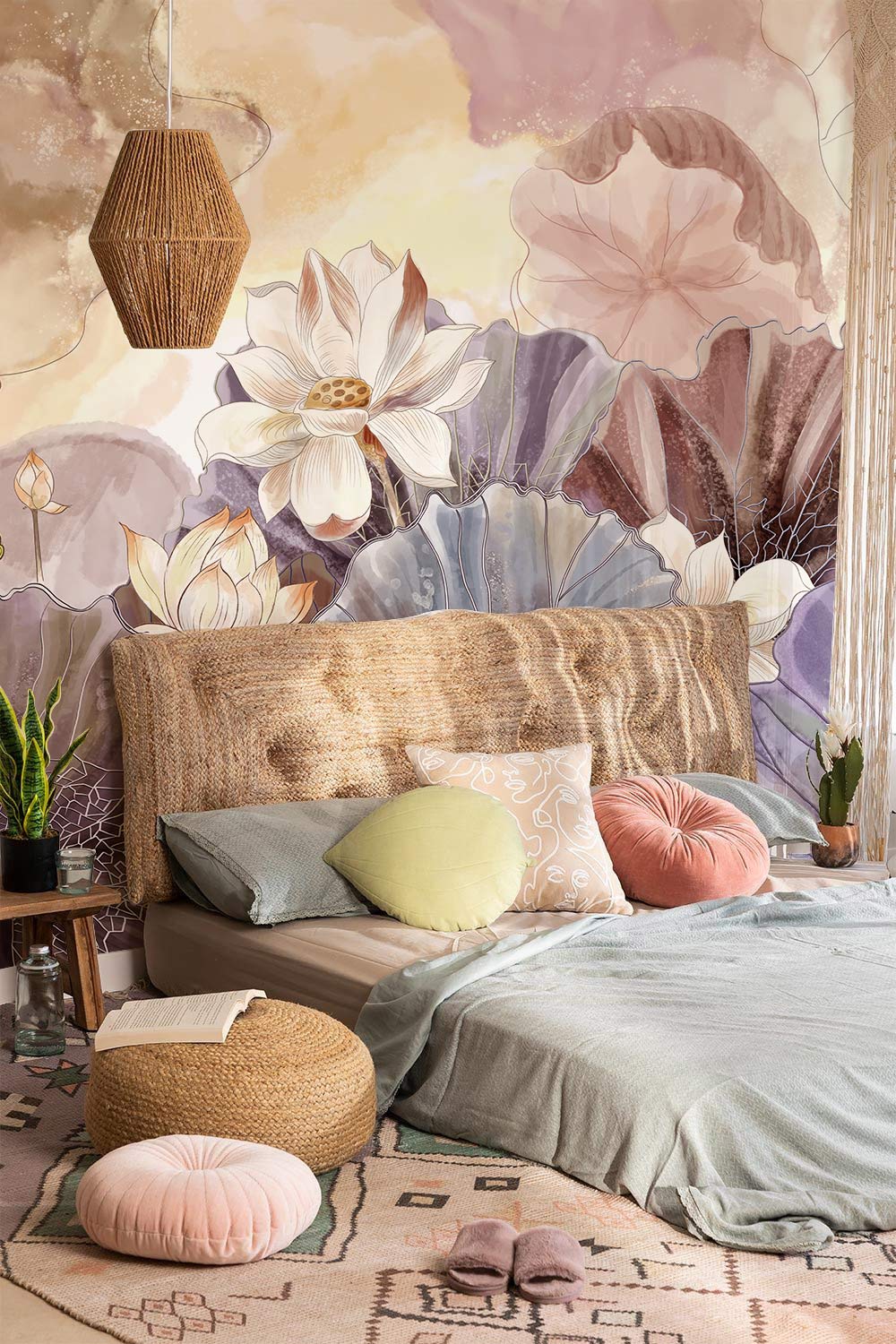 Bedroom with Elegant Pastel Floral Art Nouveau Wallpaper, woven pendant light, rattan bed, soft cushions.