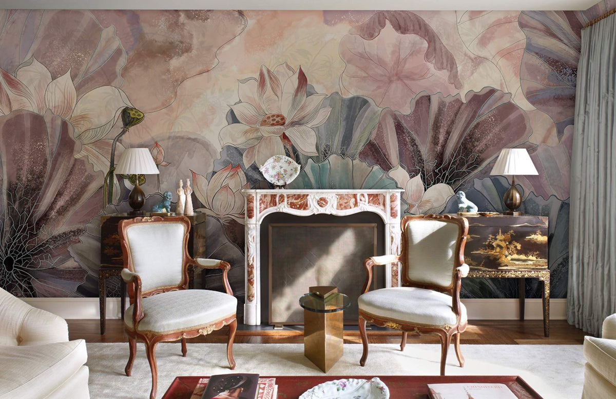 Elegant living room with Pastel Dream Lotus Blossom Botanical Mural Wallpaper; classic chairs, fireplace, and lamps.