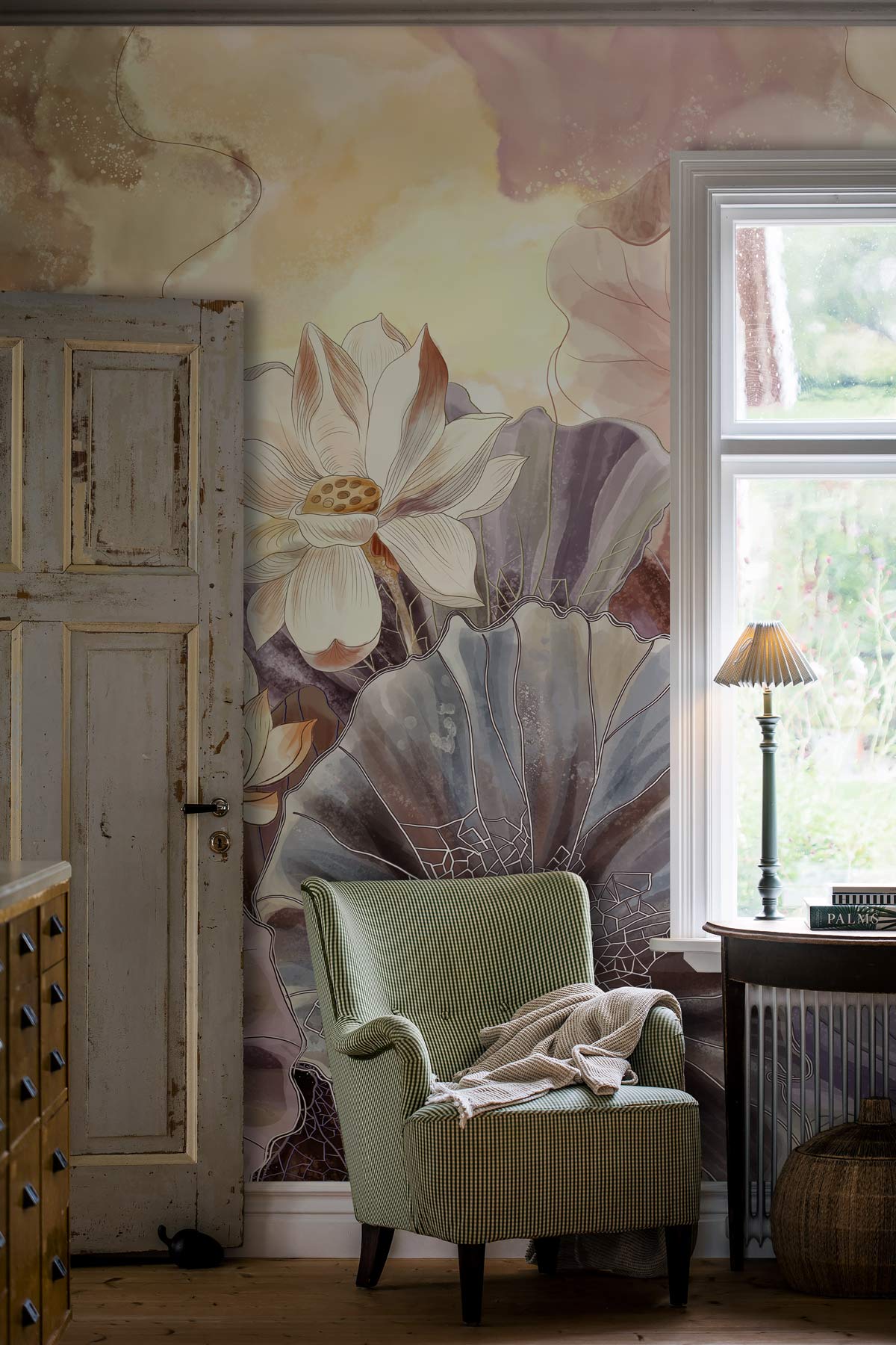 Elegant Pastel Floral Art Nouveau Blush and Purple Mural Wallpaper Design