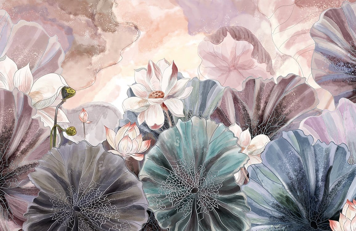 Pastel Dream Lotus Blossom Botanical Mural Wallpaper - Elegant Floral Artistry