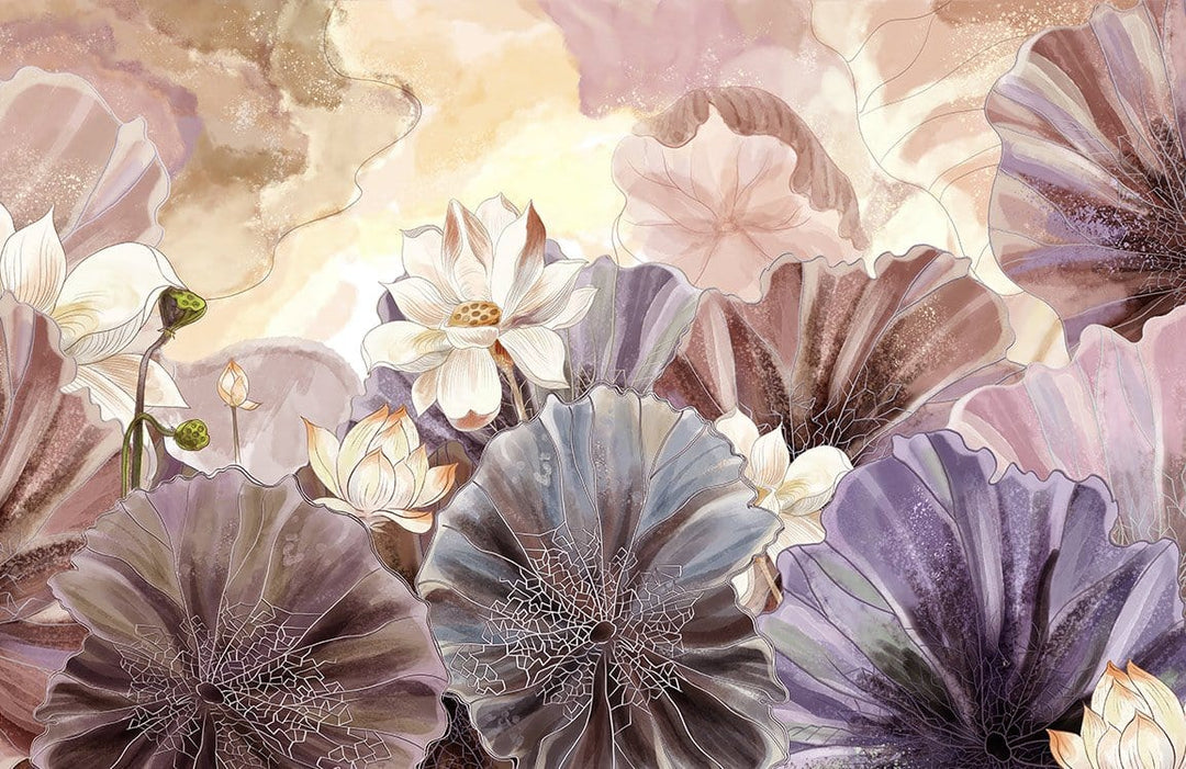 Elegant Pastel Floral Art Nouveau Blush and Purple Mural Wallpaper Design