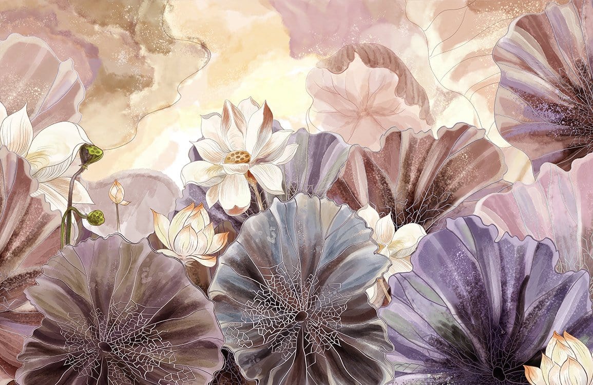 Elegant Pastel Floral Art Nouveau Blush and Purple Mural Wallpaper Design