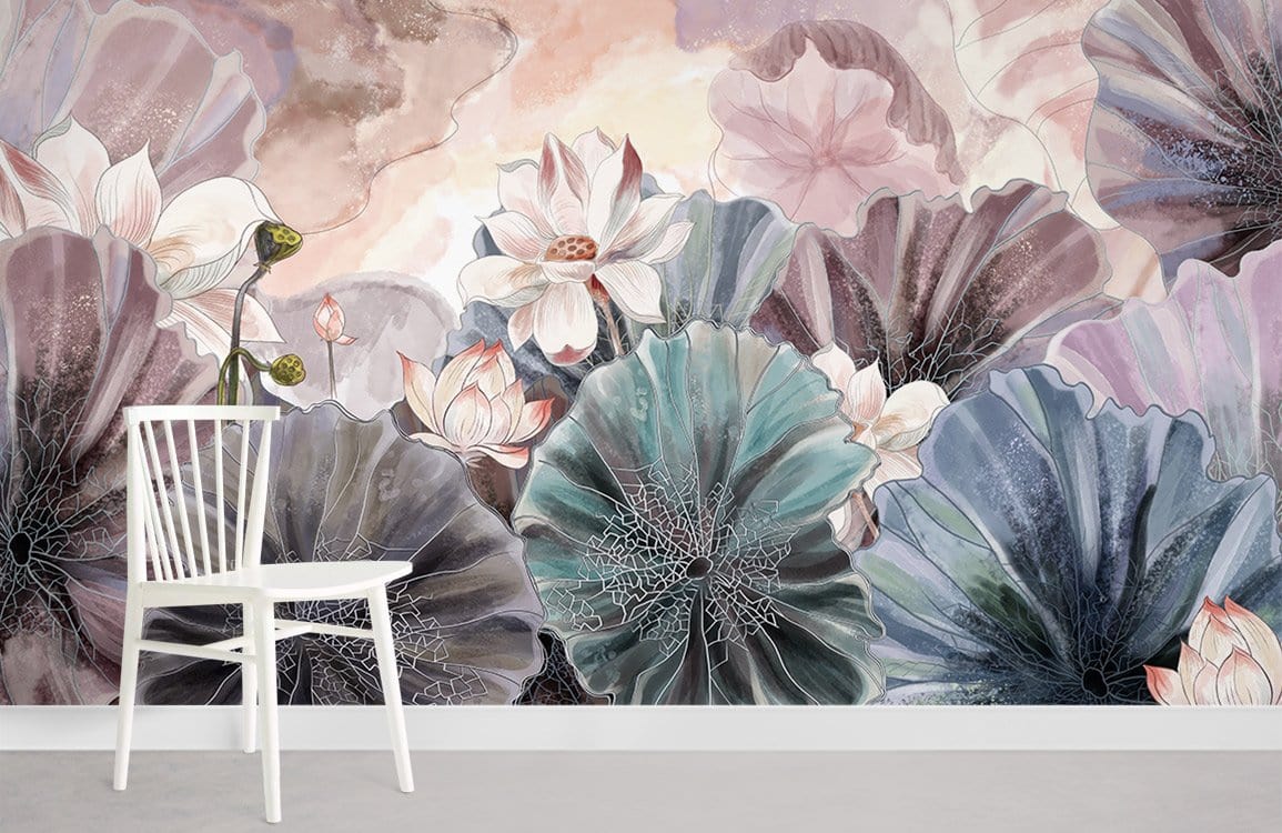 Pastel Dream Lotus Blossom Botanical Mural Wallpaper adorns wall with white chair, grey flooring.