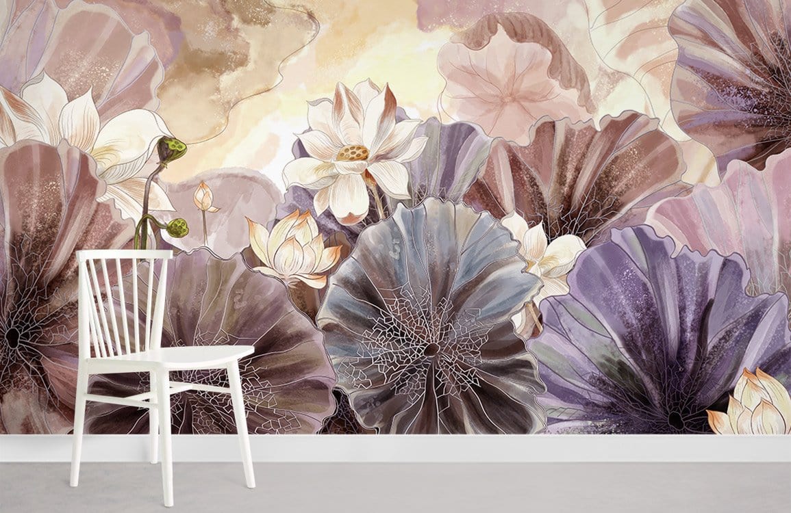 Elegant pastel floral Art Nouveau wallpaper in blush and purple, featuring white chair and grey floor.