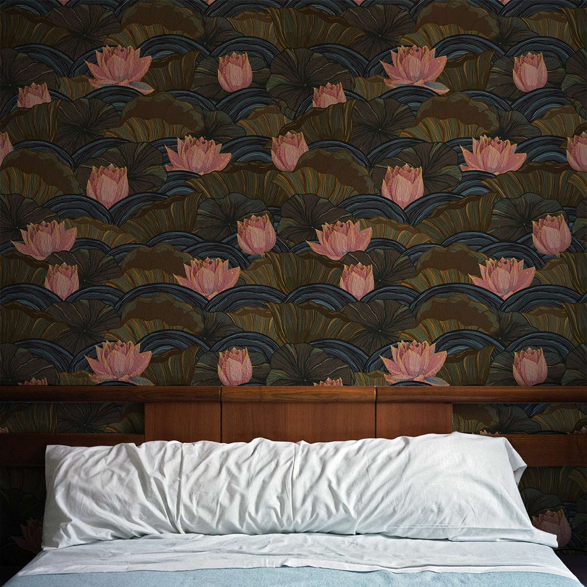 Art Deco Lotus Blossom green and pink wallpaper elegance behind wooden bed in classic bedroom setting.