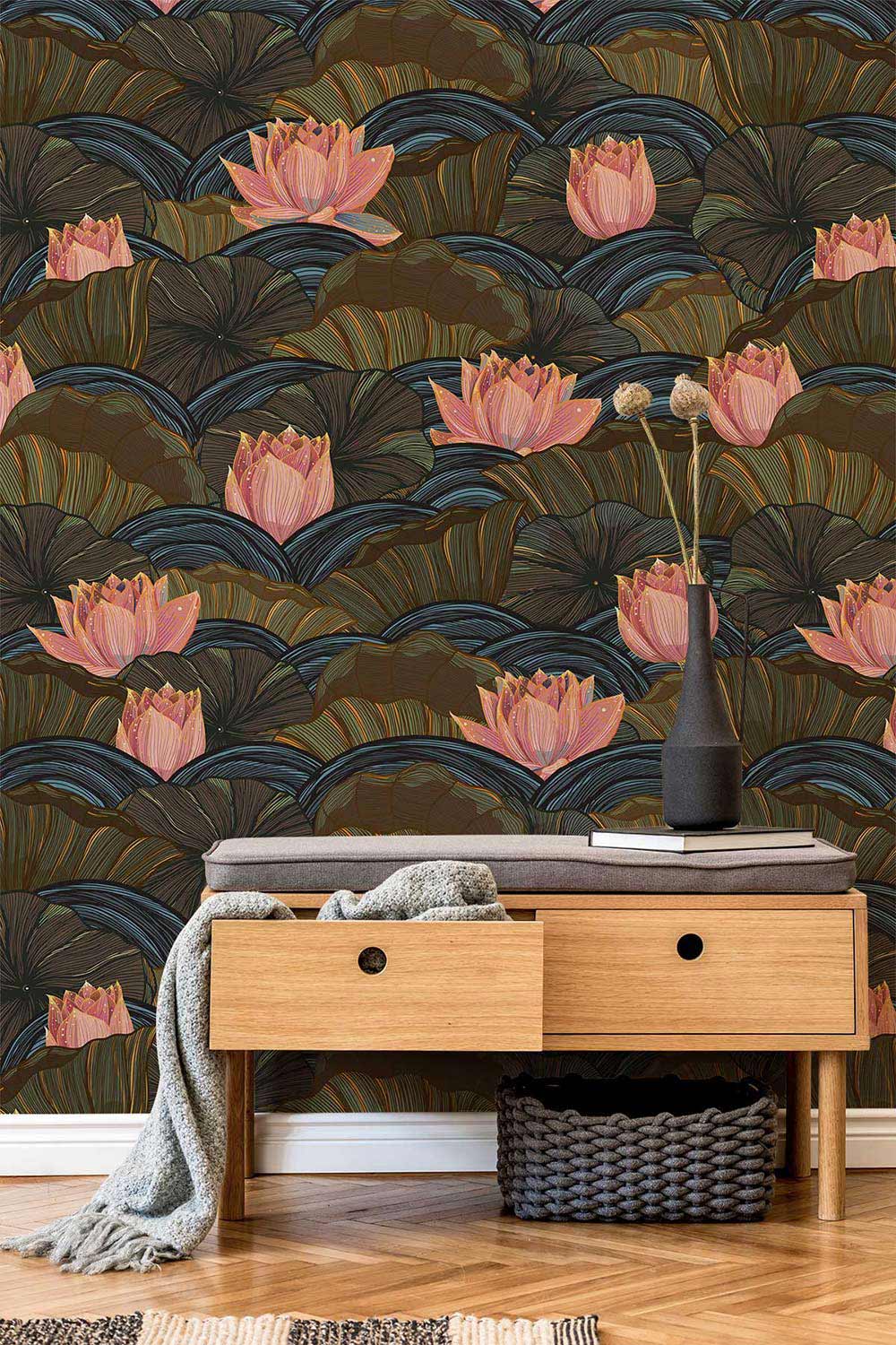 Alt text: Art Deco Lotus Blossom wallpaper with green and pink design, wooden console, herringbone flooring.