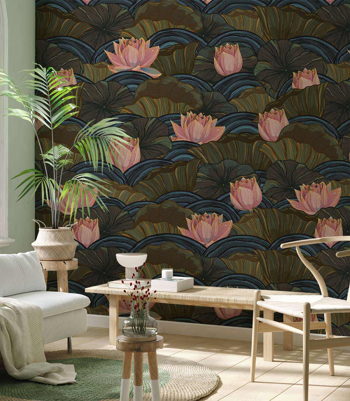 Art Deco Lotus Blossom wallpaper; green, pink tones; light sofa; wooden table; tiled flooring; plant decor.