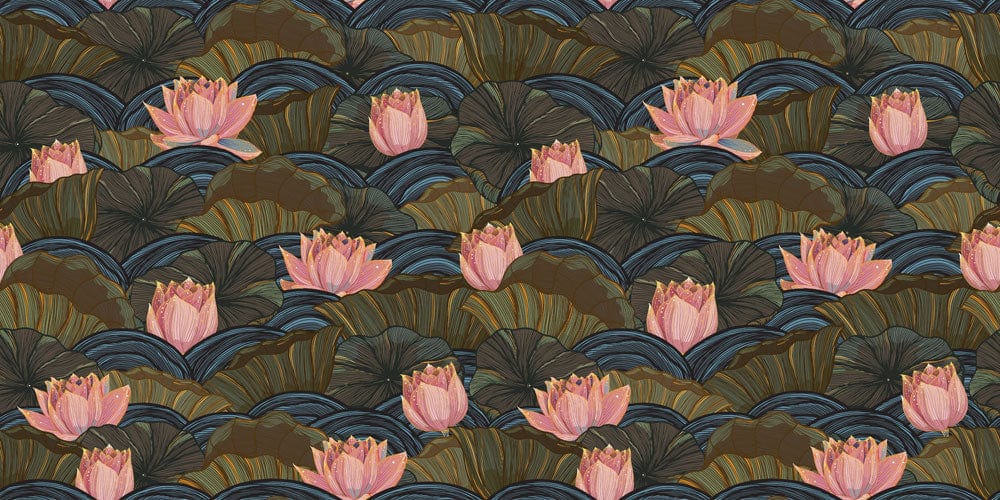 Art Deco Lotus Blossom Green and Pink Mural Wallpaper Elegance