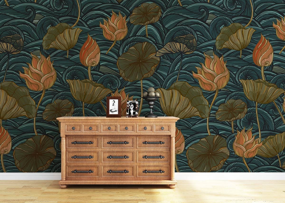 Vintage Lotus floral wallpaper in teal and orange, with wooden dresser on light wood flooring.