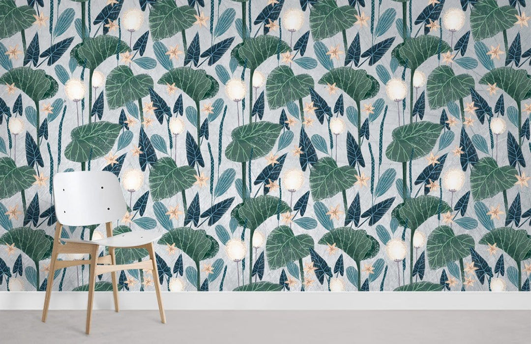 Elegant botanical lotus wallpaper, green and blue pattern, minimalist chair, light flooring in modern room.