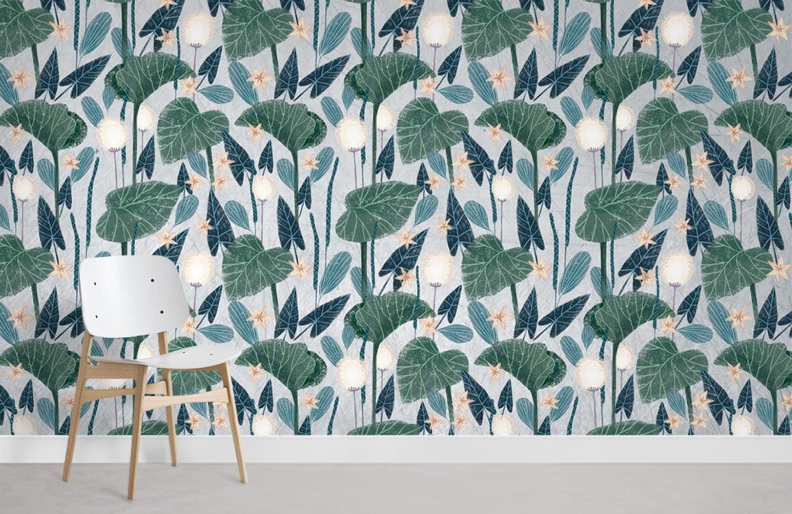 Elegant botanical lotus wallpaper, green and blue pattern, minimalist chair, light flooring in modern room.