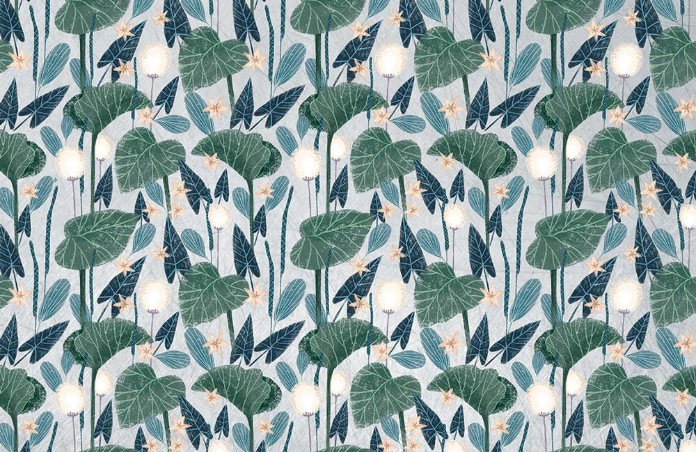 Elegant Green and Blue Botanical Lotus Leaves Pattern Wallpaper Mural
