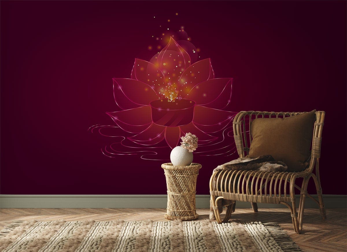 Elegant Lotus Blossom Mural in radiant red, wicker chair, woven rug, and wooden flooring in living room.