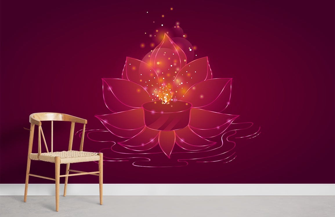 Elegant Lotus Blossom radiant red mural wallpaper, wooden chair, modern interior, sleek flooring.