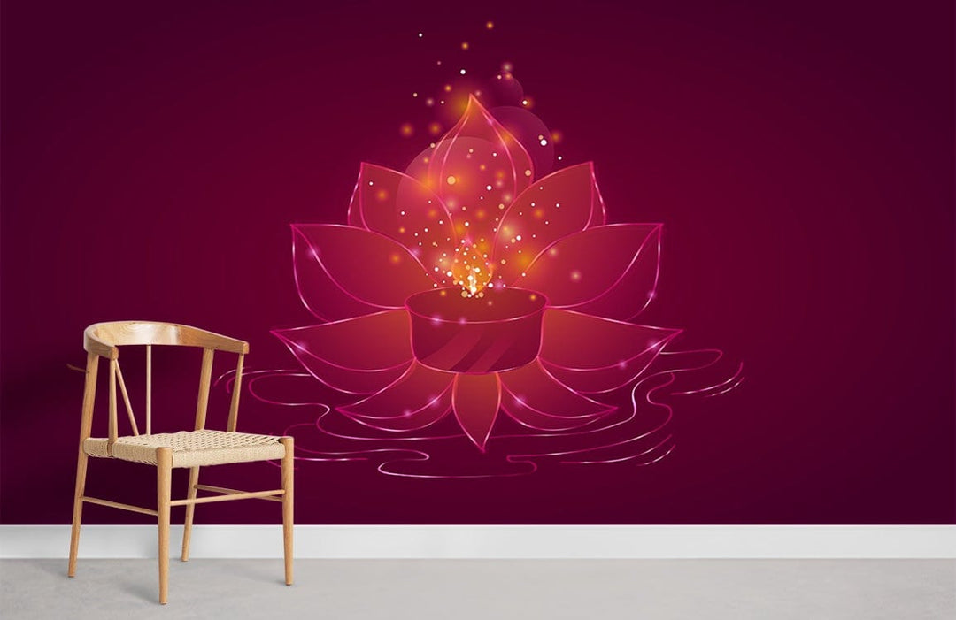 Elegant Lotus Blossom radiant red mural wallpaper, wooden chair, modern interior, sleek flooring.