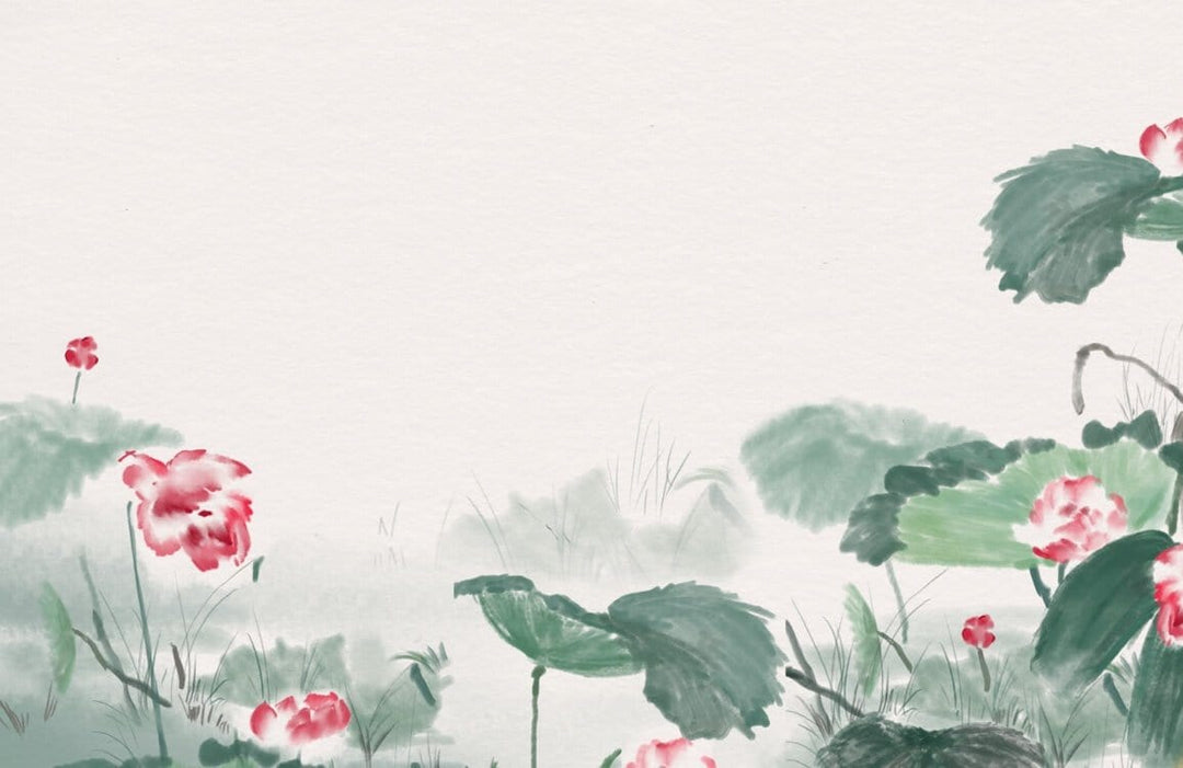 Oriental Watercolour Lotus and Floral Mural Wallpaper in Soft Greens and Reds