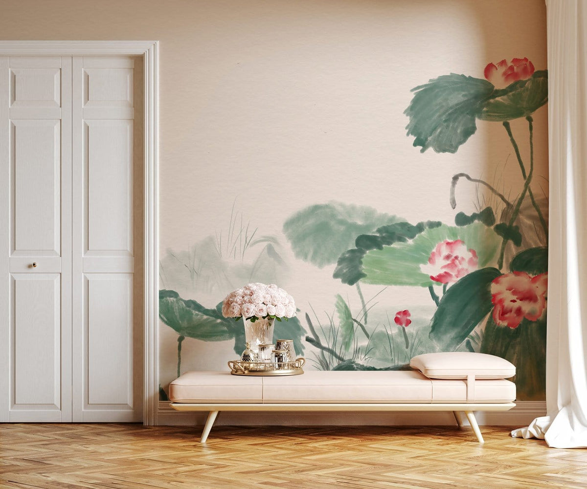 Oriental Watercolour Lotus wallpaper in greens and reds, beige sofa, wooden floor, floral mural room.