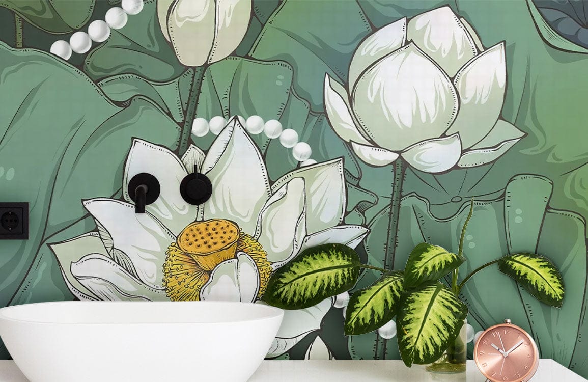 Green Lotus Blossom Mural Wallpaper with botanical design, white basin, white floor, lush greenery decor.