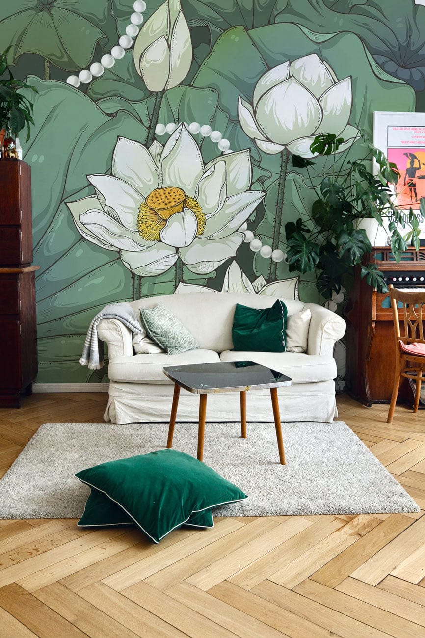 Cream sofa, green pillows, wood flooring, Green Lotus Mural Wallpaper, elegant botanical design, living room.