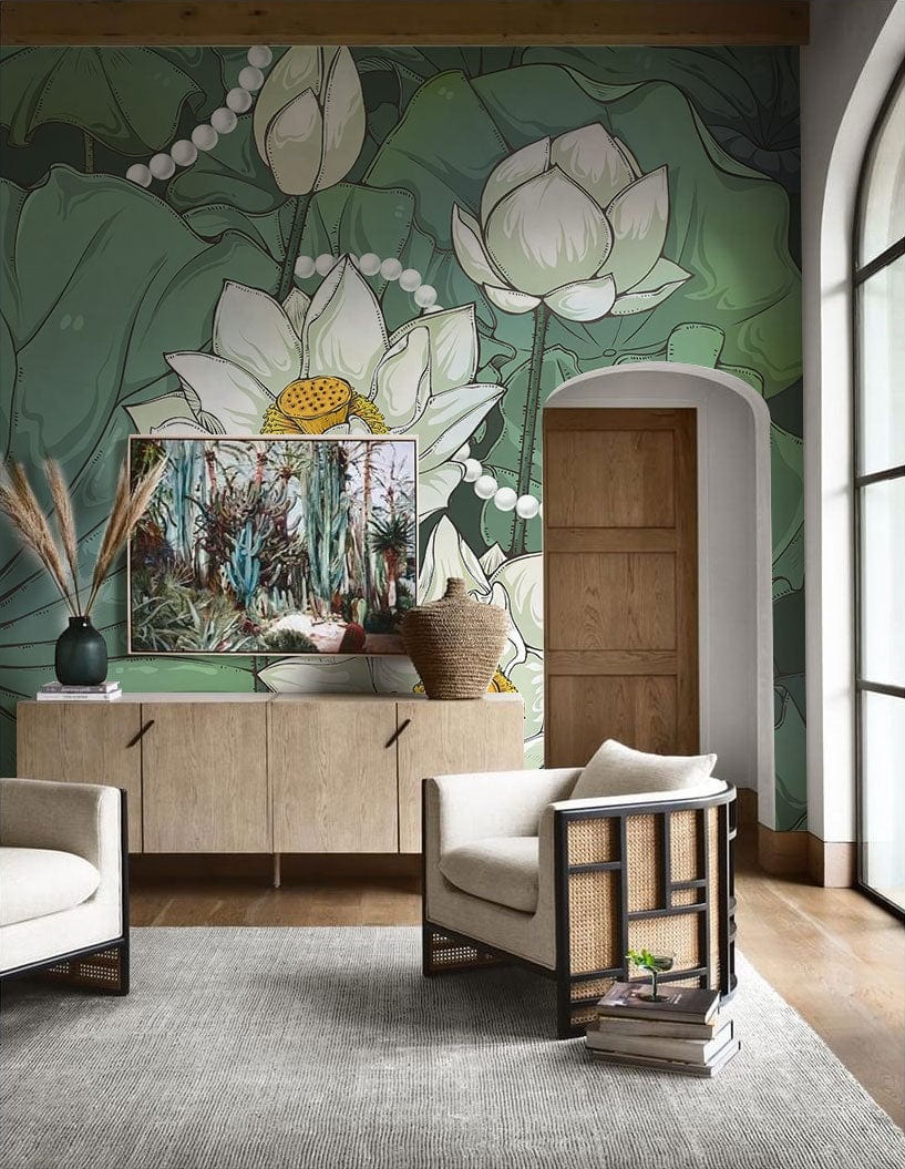 Green Lotus Blossom Mural Wallpaper in elegant botanical design, modern chairs, wood floor, cosy room.