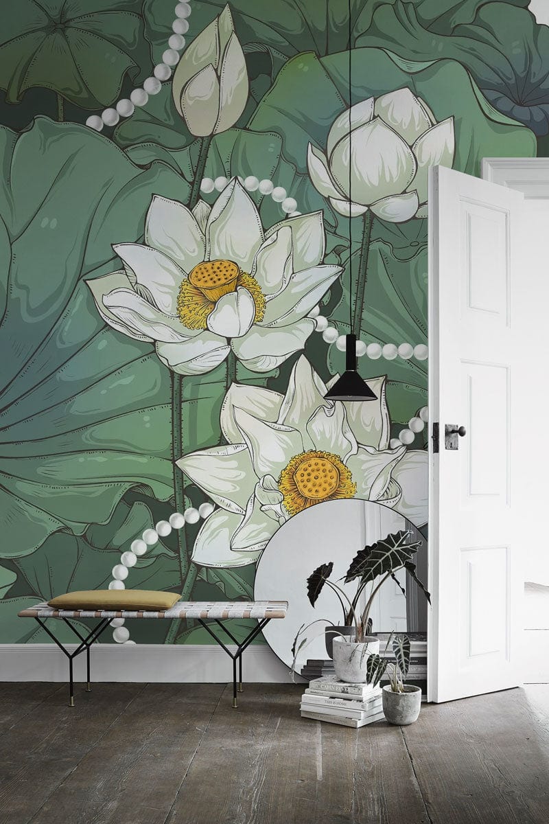 Green Lotus Blossom mural, botanical pearl design, white door, wooden flooring, bench, indoor wall decor.