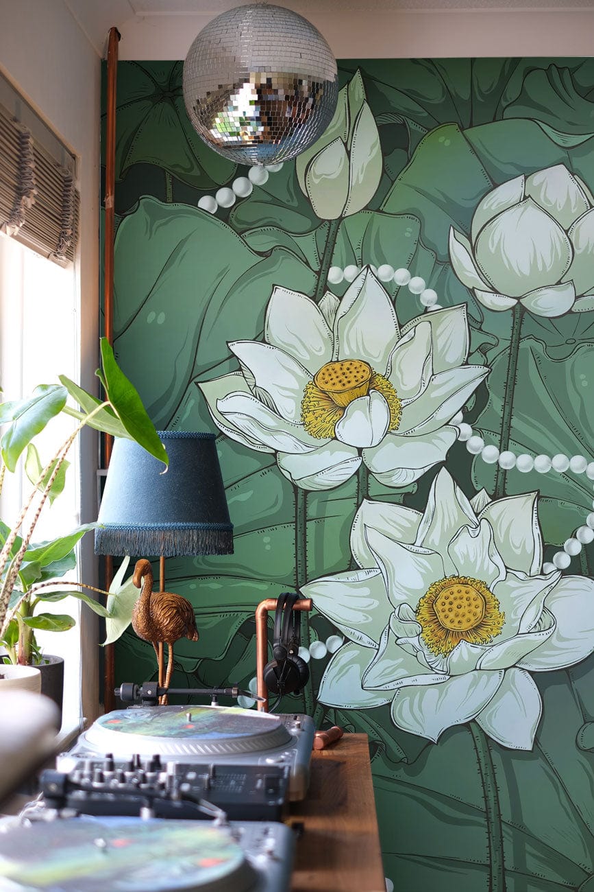 Green Lotus Blossom Mural Wallpaper with botanical design; turntable, lamp, and disco ball accents.