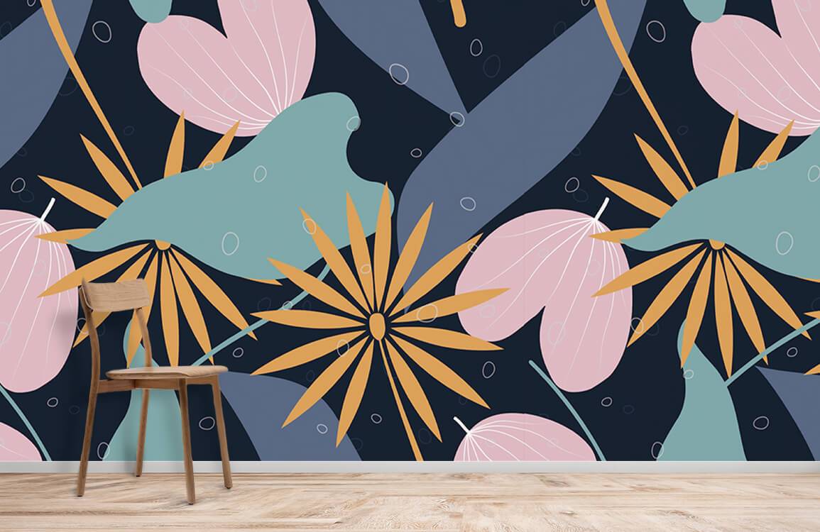 Elegant Tropical Floral Midnight Blue Mural Wallpaper with Pastel Accents, wooden chair, light wood flooring.