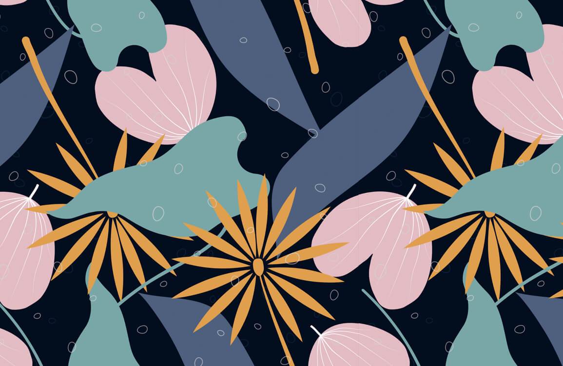 Elegant Tropical Floral Midnight Blue Mural Wallpaper with Pastel Accents