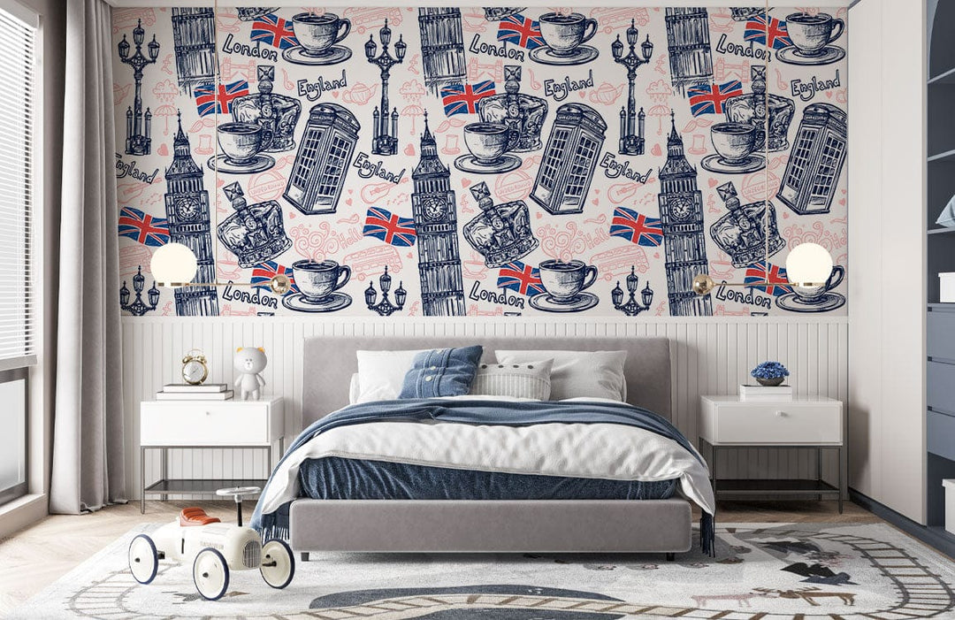 Quaint London Heritage Icons wallpaper in bedroom, grey bed, patterned rug, white walls, modern decor.