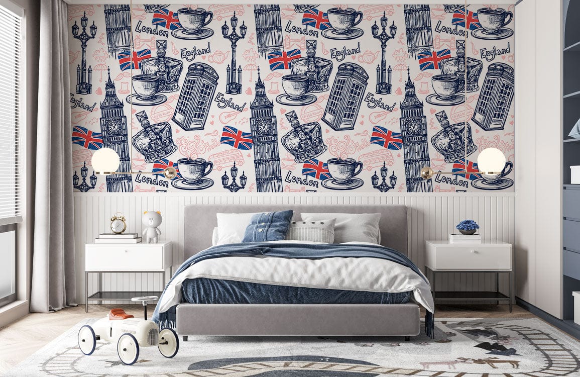Quaint London Heritage Icons wallpaper in bedroom, grey bed, patterned rug, white walls, modern decor.
