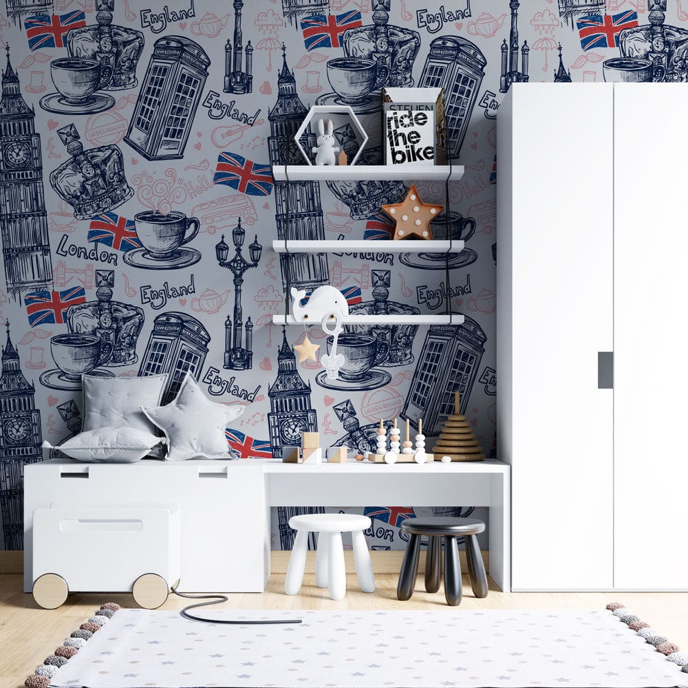 Quaint London Heritage Icons wallpaper; children's room white furniture; blue, red vintage mural design.