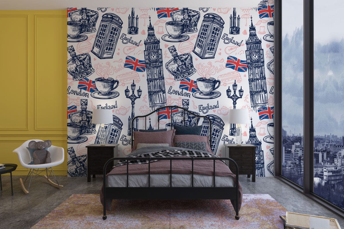 Vintage blue and red mural wallpaper in bedroom with black metal bed, yellow accent wall, and chair.