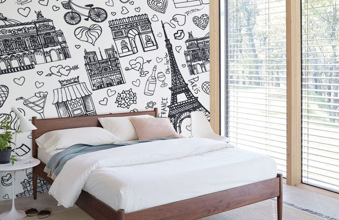 Modern bedroom with Parisian Sketch wallpaper, wooden bed, white bedding, large windows, beige carpet flooring.