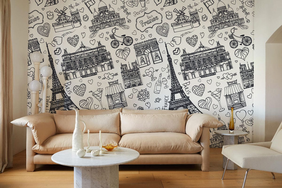 Parisian Sketch Wallpaper: Black and White Pattern Mural, Neutral Sofa, White Round Table, Cosy Living Room.