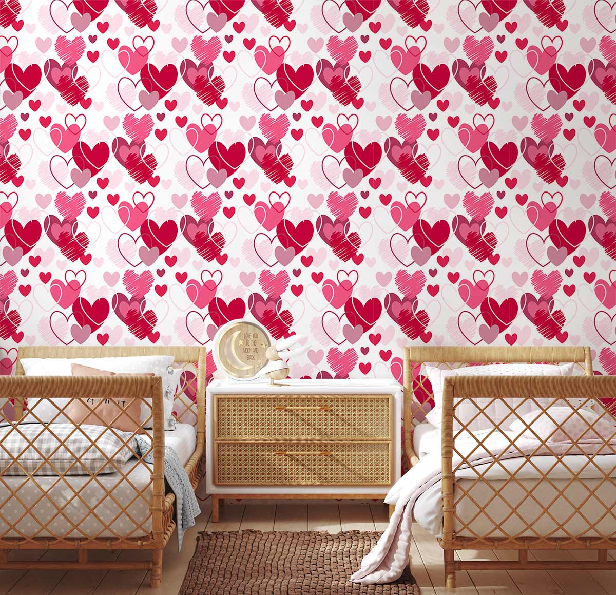 Romantic Heart Pattern Wallpaper in bedroom with wicker furniture and wooden flooring, enhancing elegant interiors.
