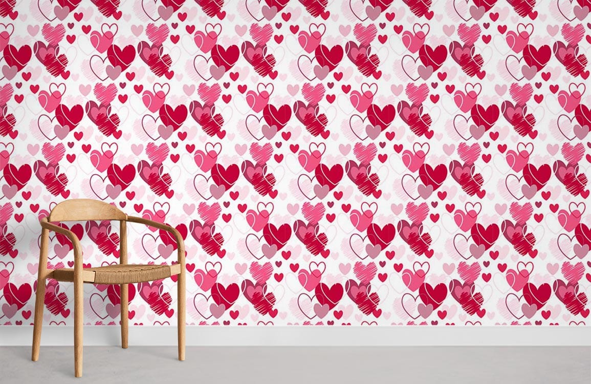 Romantic heart pattern wallpaper with wooden chair; vibrant red and pink design for elegant interiors.