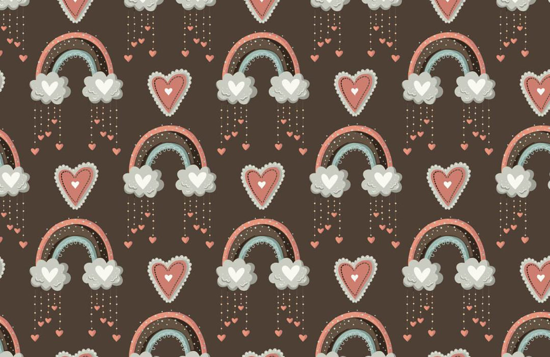 Charming Brown Heart and Rainbow Patterned Whimsical Wallpaper for Cosy Interiors
