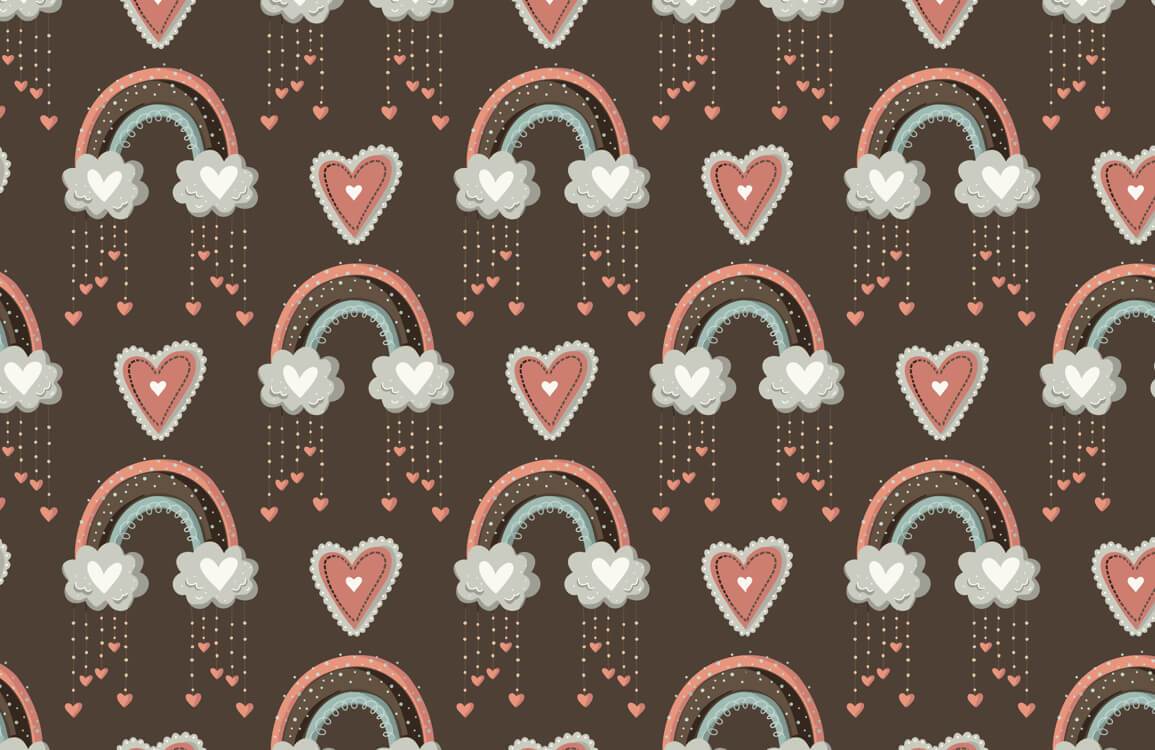 Charming Brown Heart and Rainbow Patterned Whimsical Wallpaper for Cosy Interiors